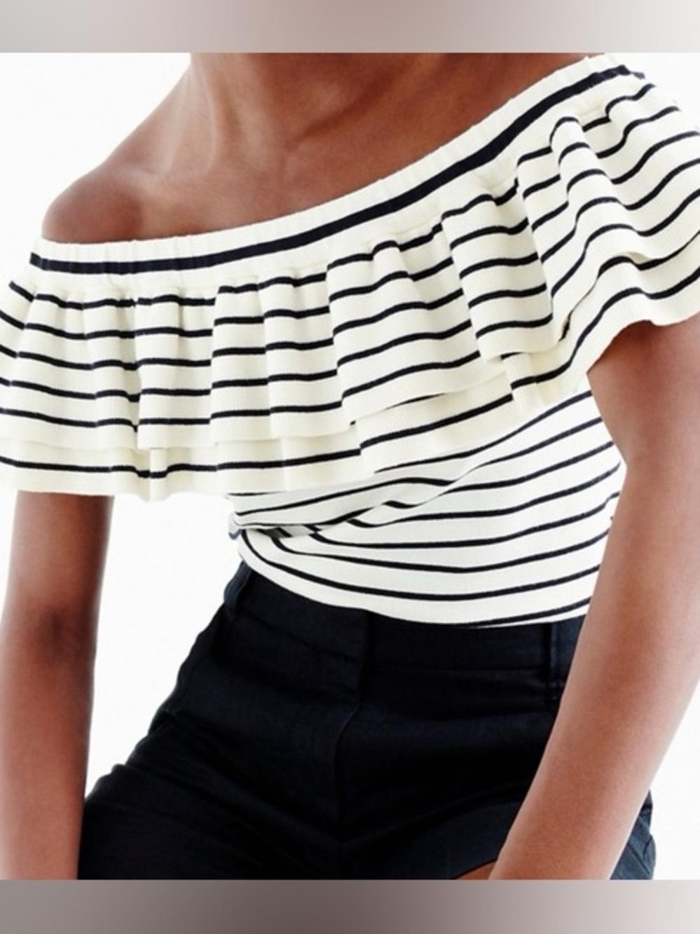 J. Crew Off-Shoulder Ruffle Crop Top in Ivory & Black